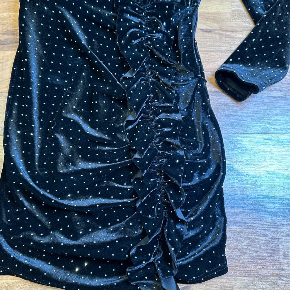 Zara Velvet Long Sleeve‎ Studded Ruched Ruffle Dress Size XS Side Zipper - Picture 2 of 7